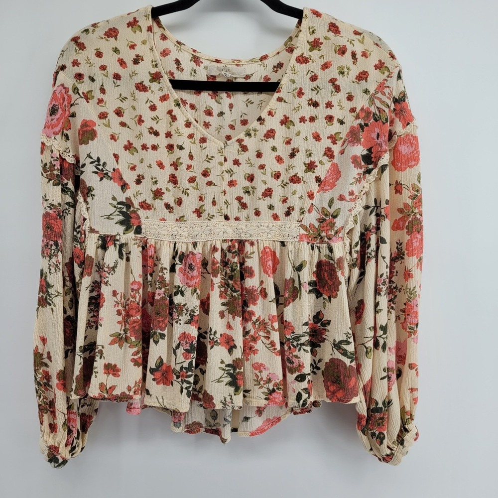 Chelsea & Violet Womens SML Floral Peplum Blouse Cream Red Lace Cottagecore Boho